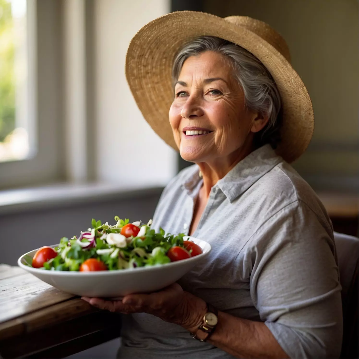 Mujer mayor sosteniendo una ensalada